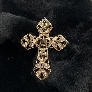 Beautiful Gold Cross Brooch with Clear & Black Crystals